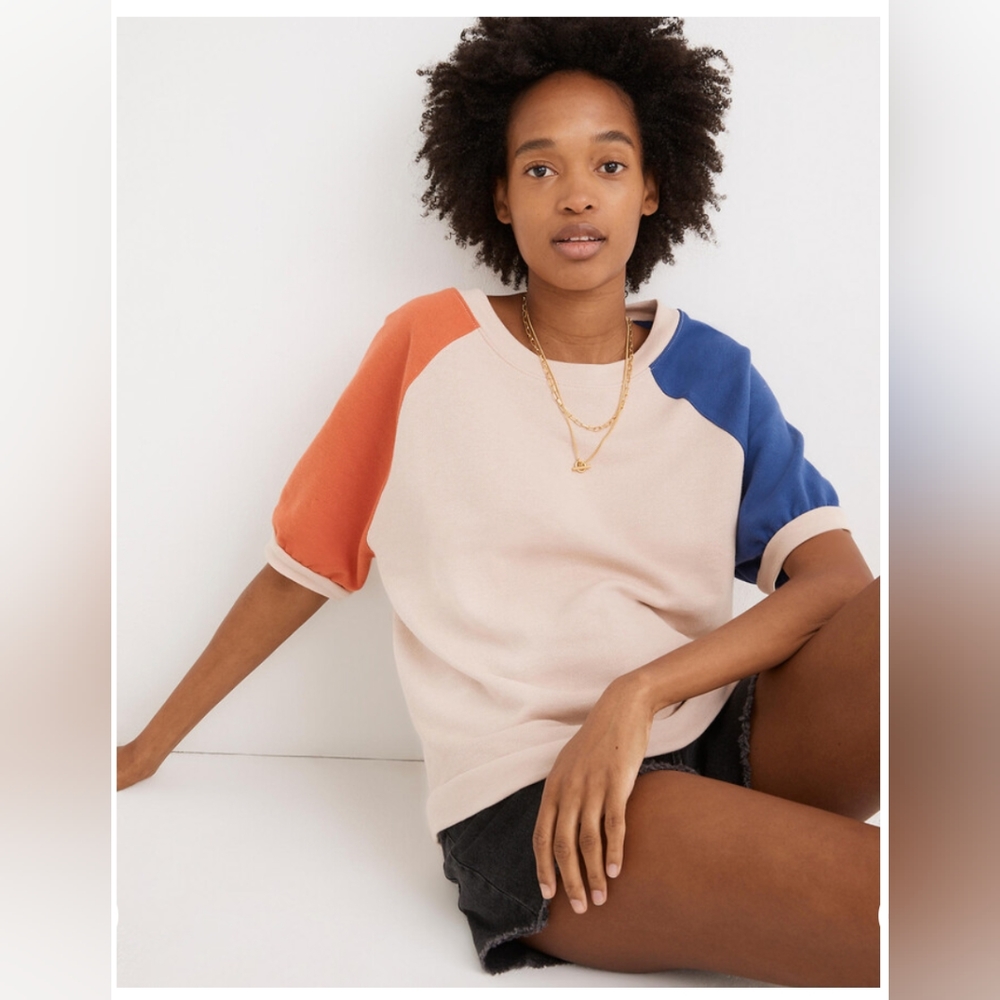 Colorblock Short Sleeve Sweatshirt Top - Cream with Blue & Orange Sleeves